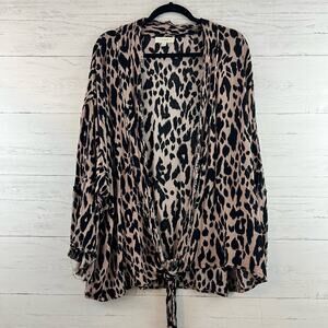 Umgee Leopard Print Open Front Tie Hem Crinkle Blouse Size XL/1X